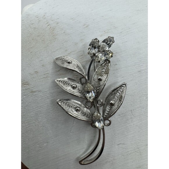 Vtg Sterling Silver Filigree Flower Brooch Pin Crystal Marquis Stones Signed CC - Picture 1 of 12